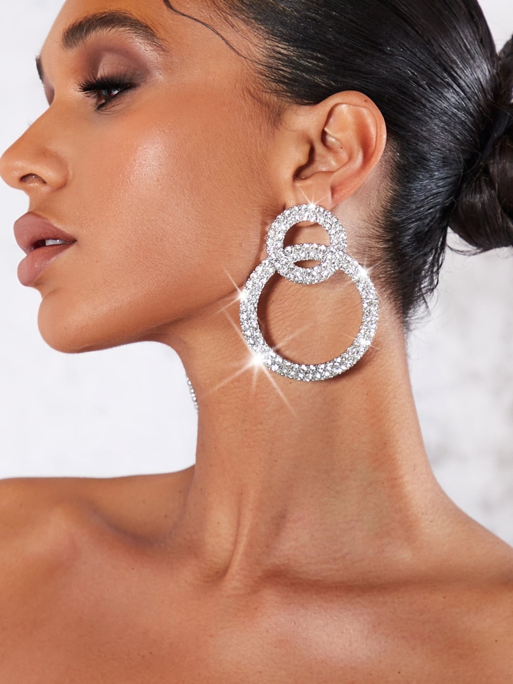 Sparkling Double Hoop Crystal Drop Earrings - Silver